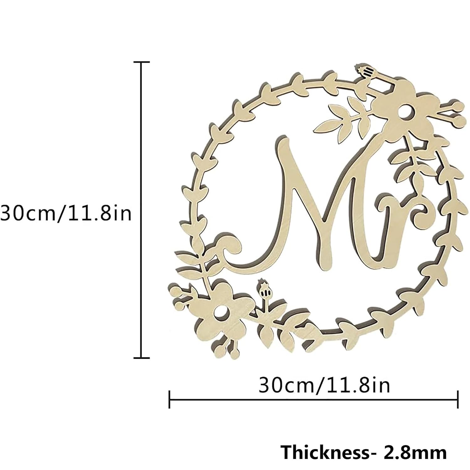 Decorative wooden letter 'M' with floral wreath and measurements on a white background