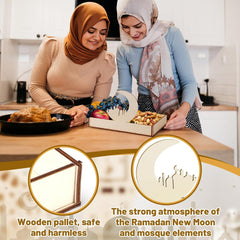 Two women in a kitchen with food and a wooden pallet, surrounded by text about Ramadan and mosque elements.