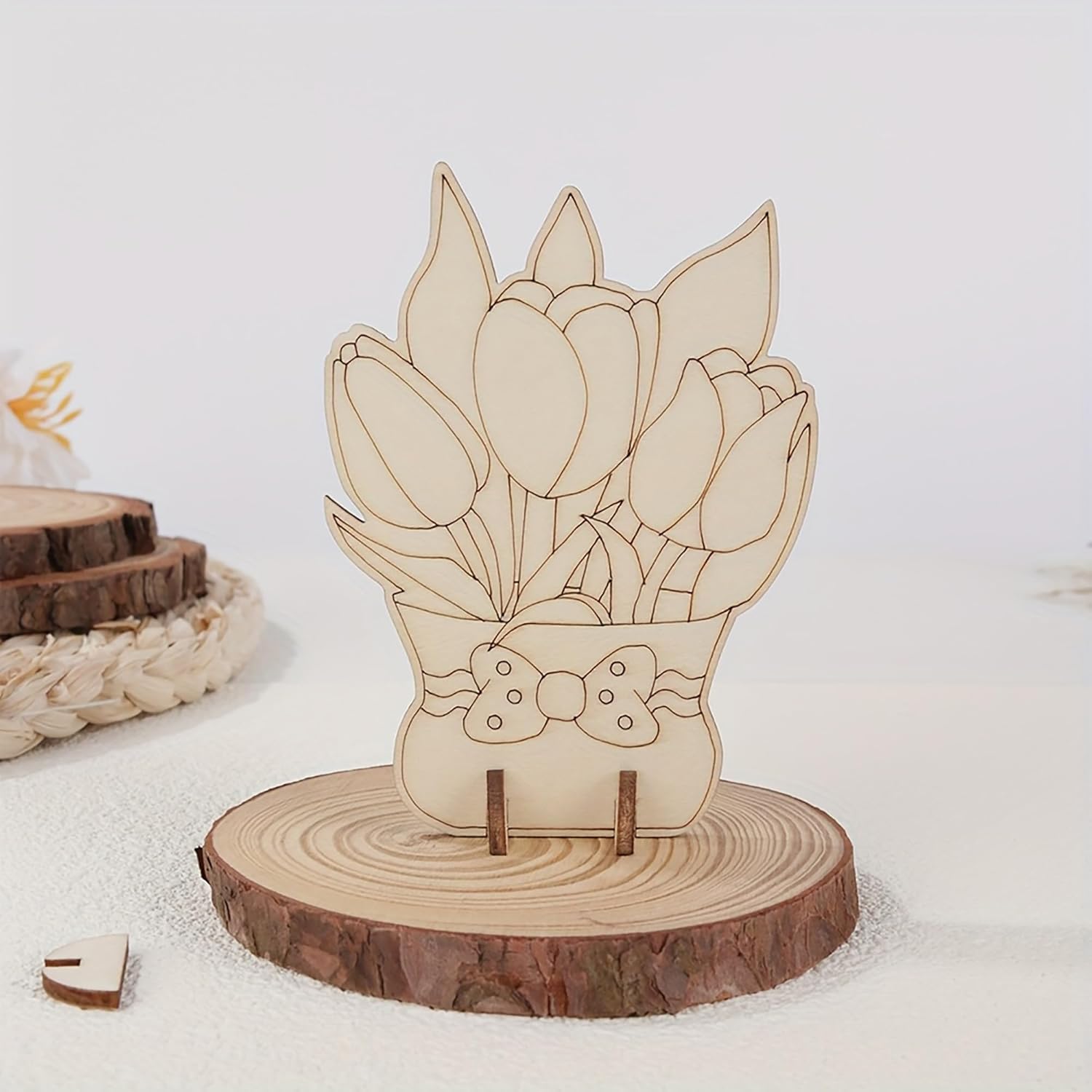 Wooden tulip design on a wooden base with a white background