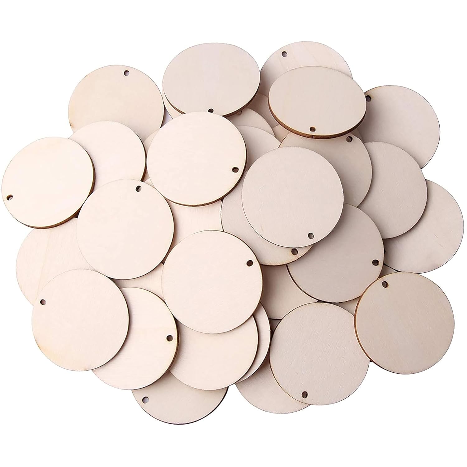 Collection of round wooden tags with holes on a white background
