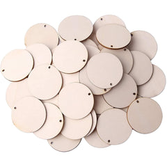 Collection of round wooden tags with holes on a white background