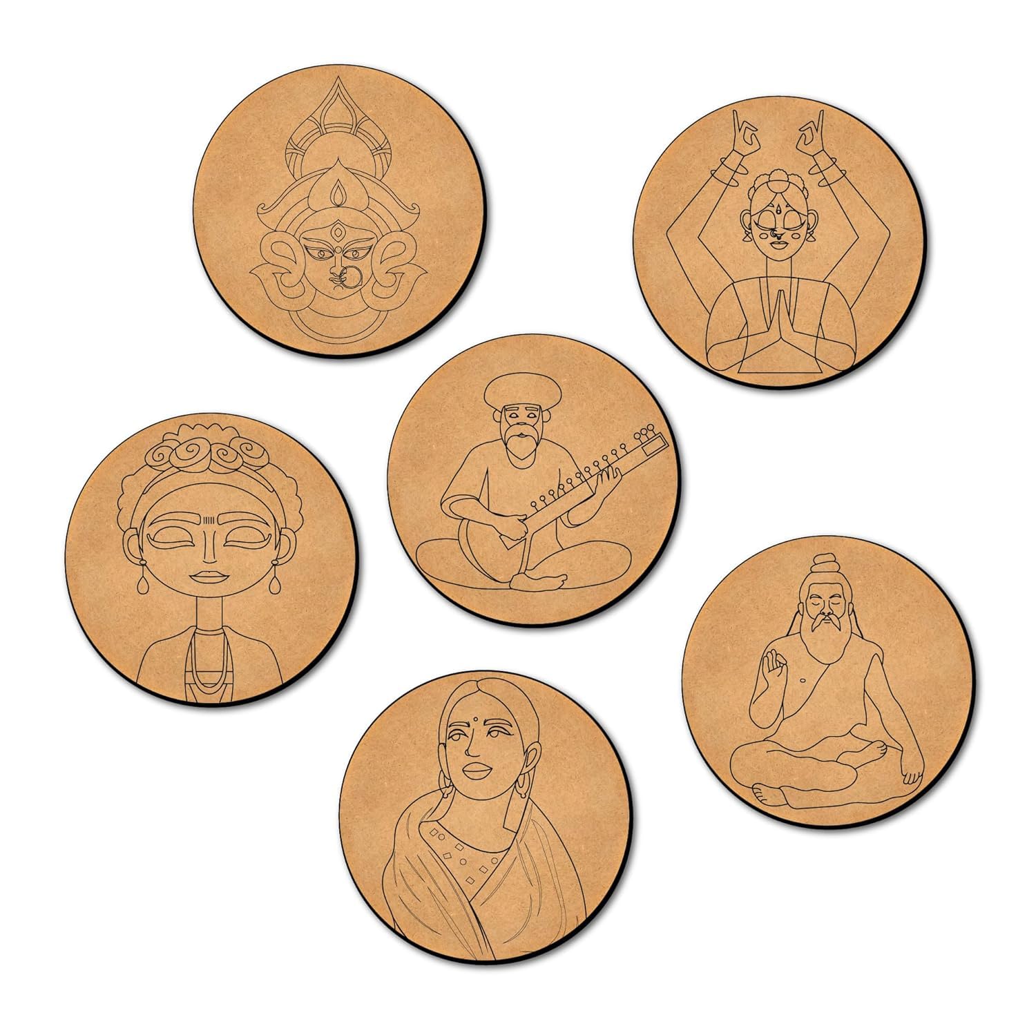 Set of six circular coasters with engraved illustrations on a white background