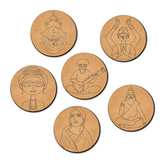 Set of six circular coasters with engraved illustrations on a white background