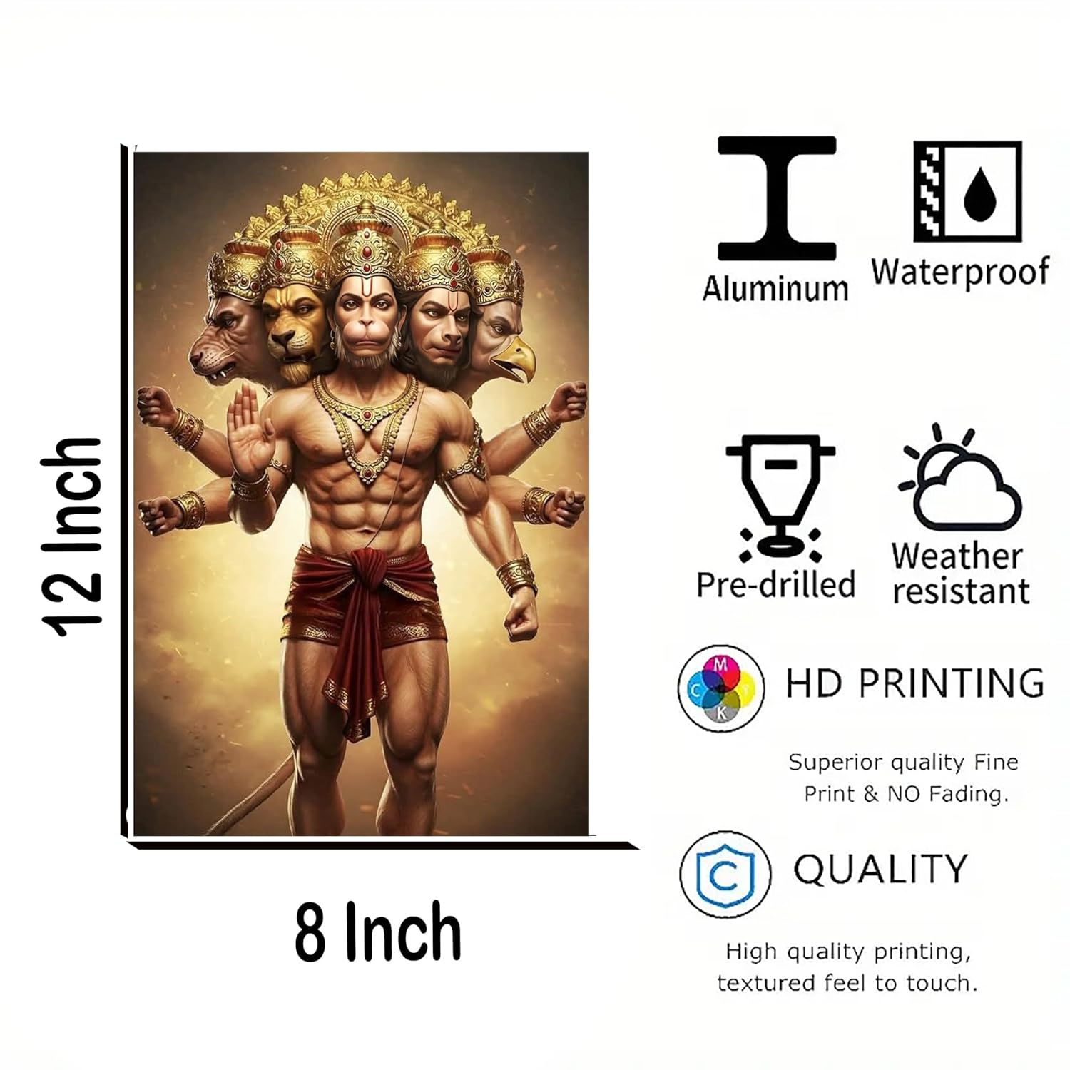 Aluminum poster of a four-armed deity with product features listed on the right.