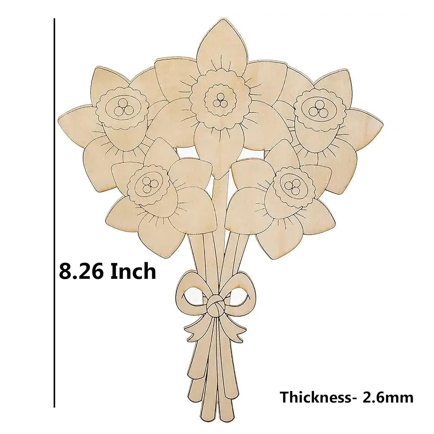 Wooden flower bouquet decoration with measurements on a white background