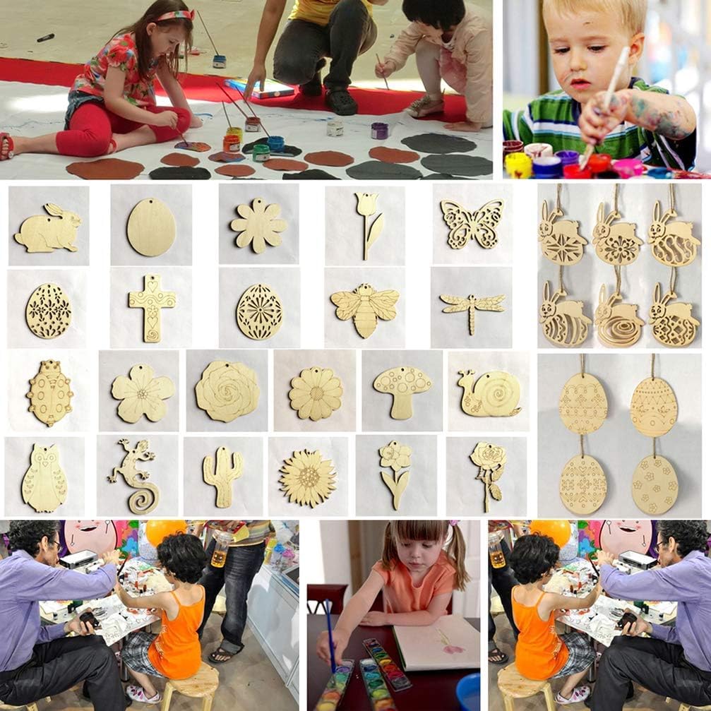 Children engaged in arts and crafts activities with wooden shapes and decorations.