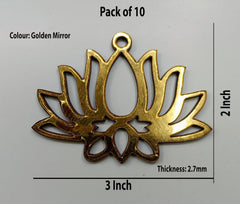Gold lotus flower pendant with measurements on a gray background