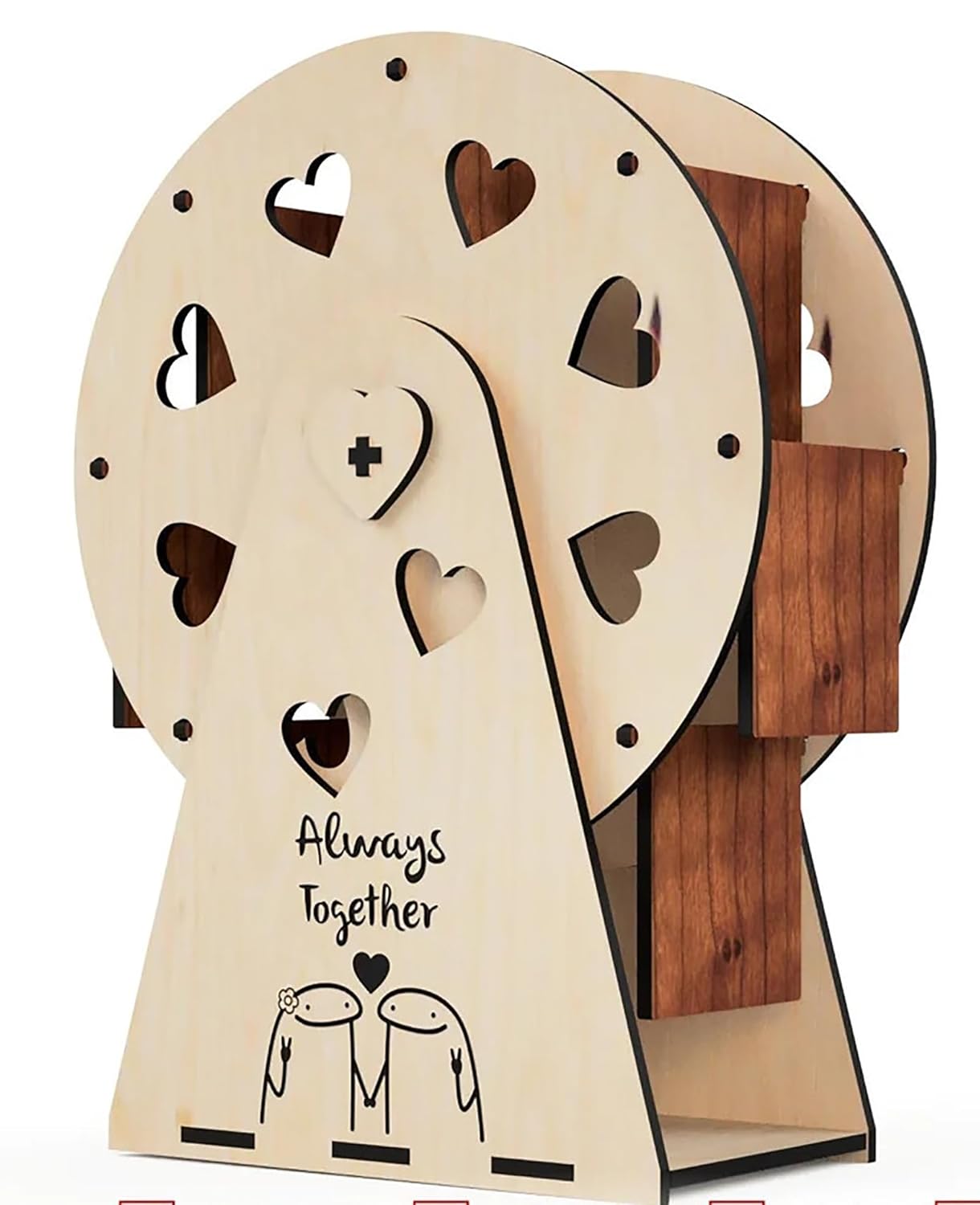 Wooden decorative item with heart shapes and 'Always Together' text on a white background