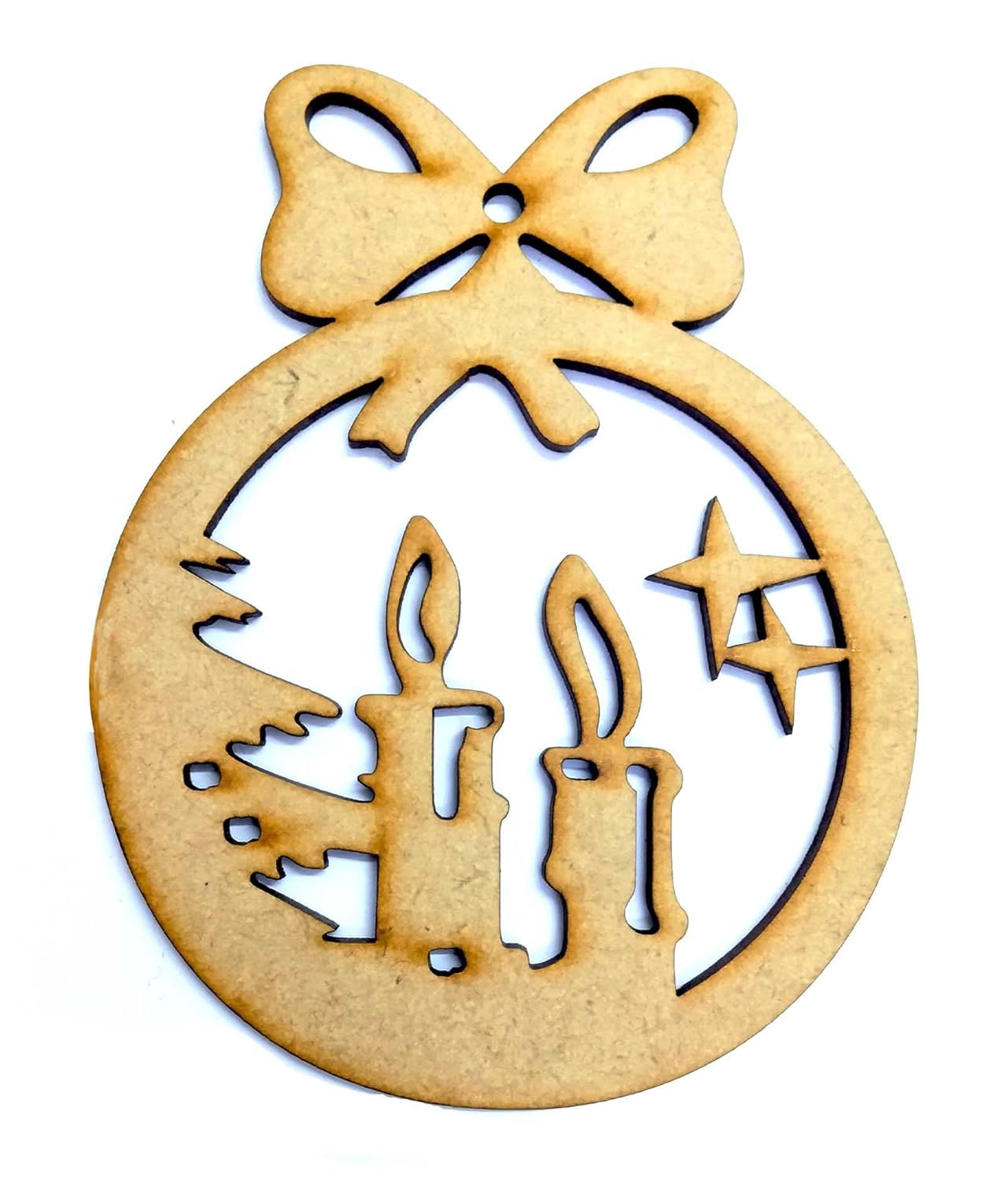 Wooden ornament with cut-out design of candles and a star, tied with a bow.