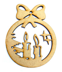 Wooden ornament with cut-out design of candles and a star, tied with a bow.