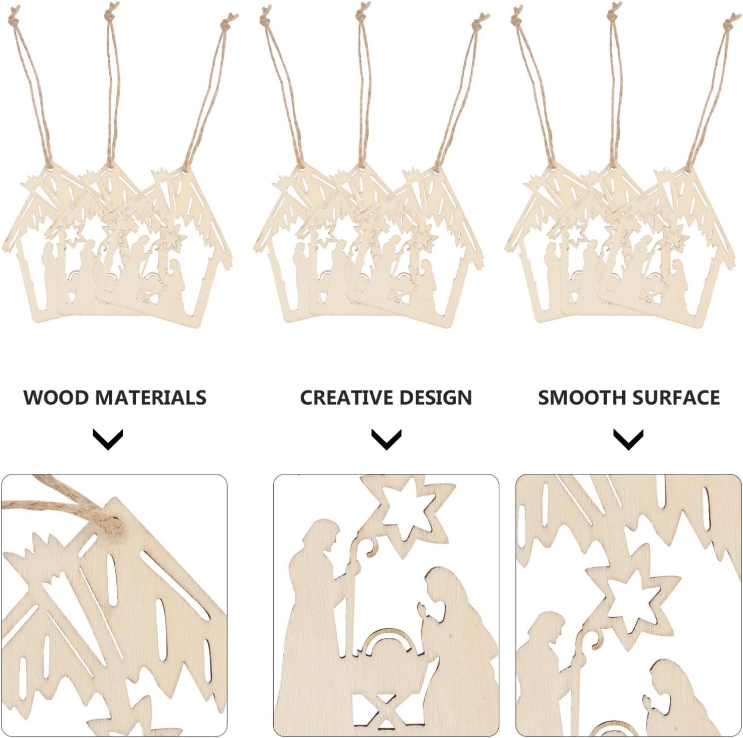 Wooden nativity scene cutouts with hanging strings on a white background, highlighting wood materials, creative design, and smooth surface.