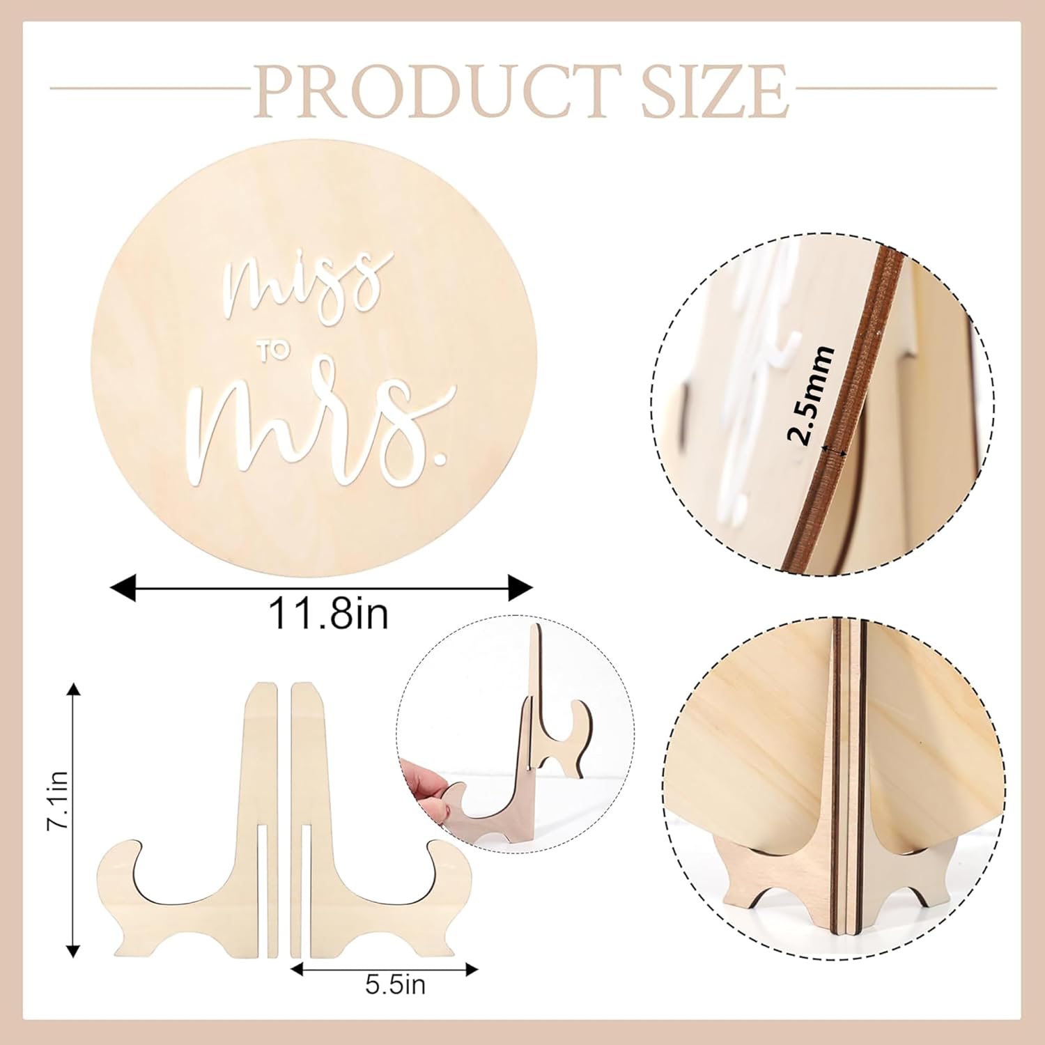 Wooden 'Miss to Mrs.' sign with measurements on a beige background