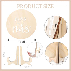 Wooden 'Miss to Mrs.' sign with measurements on a beige background