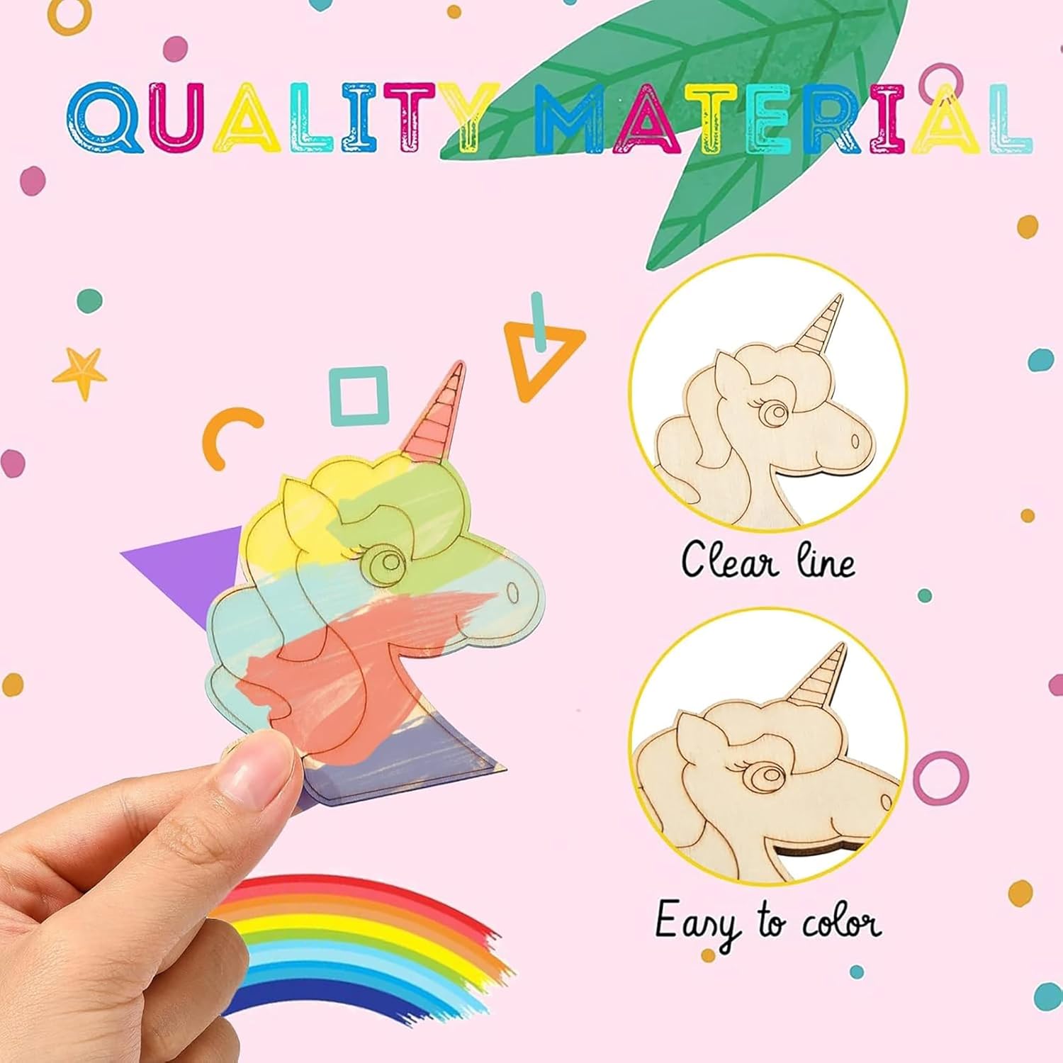 Unicorn stickers with a hand holding one, on a pink background with colorful text and shapes.