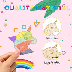 Unicorn stickers with a hand holding one, on a pink background with colorful text and shapes.