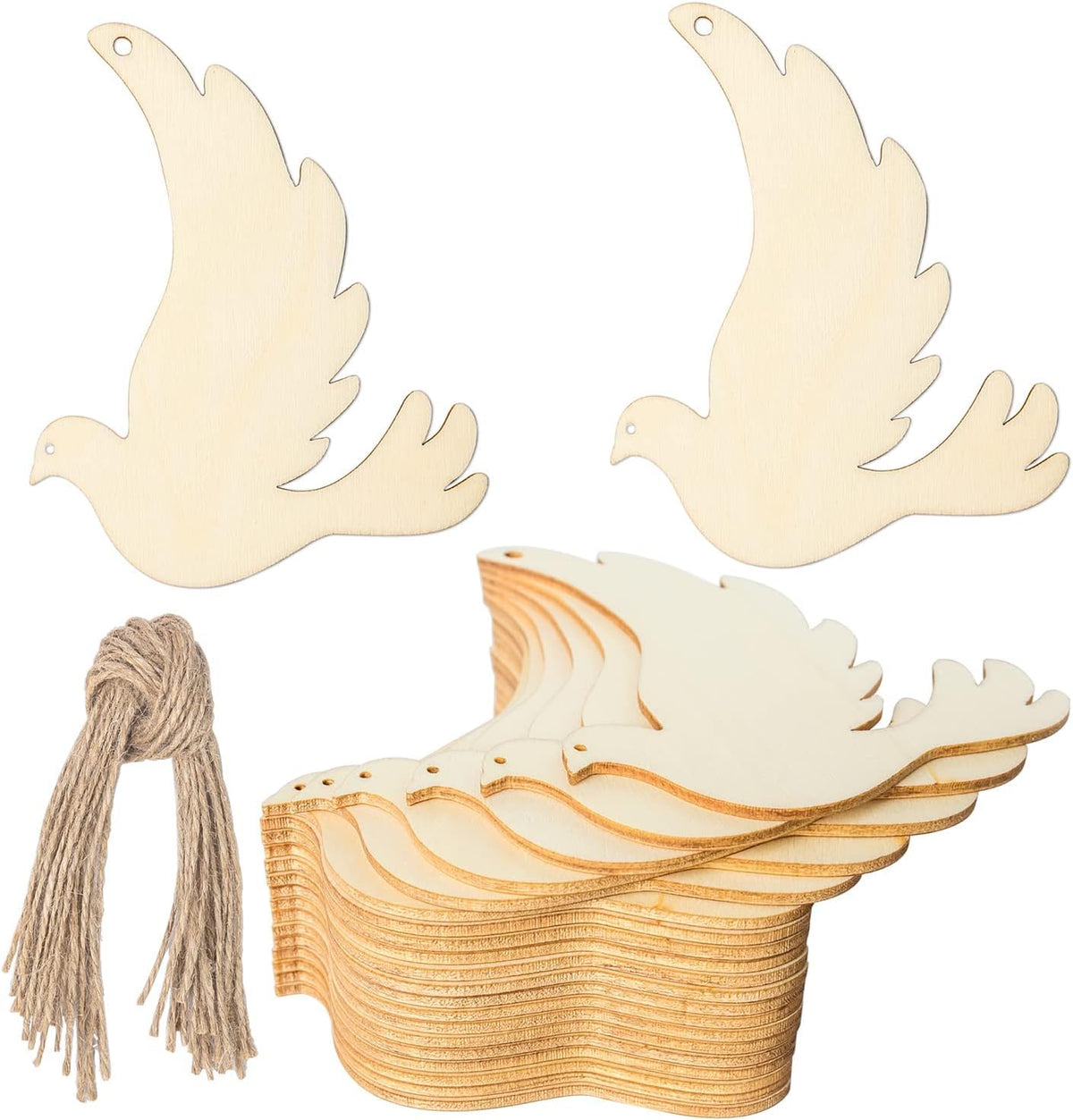 Wooden dove-shaped cutouts with a string on a white background