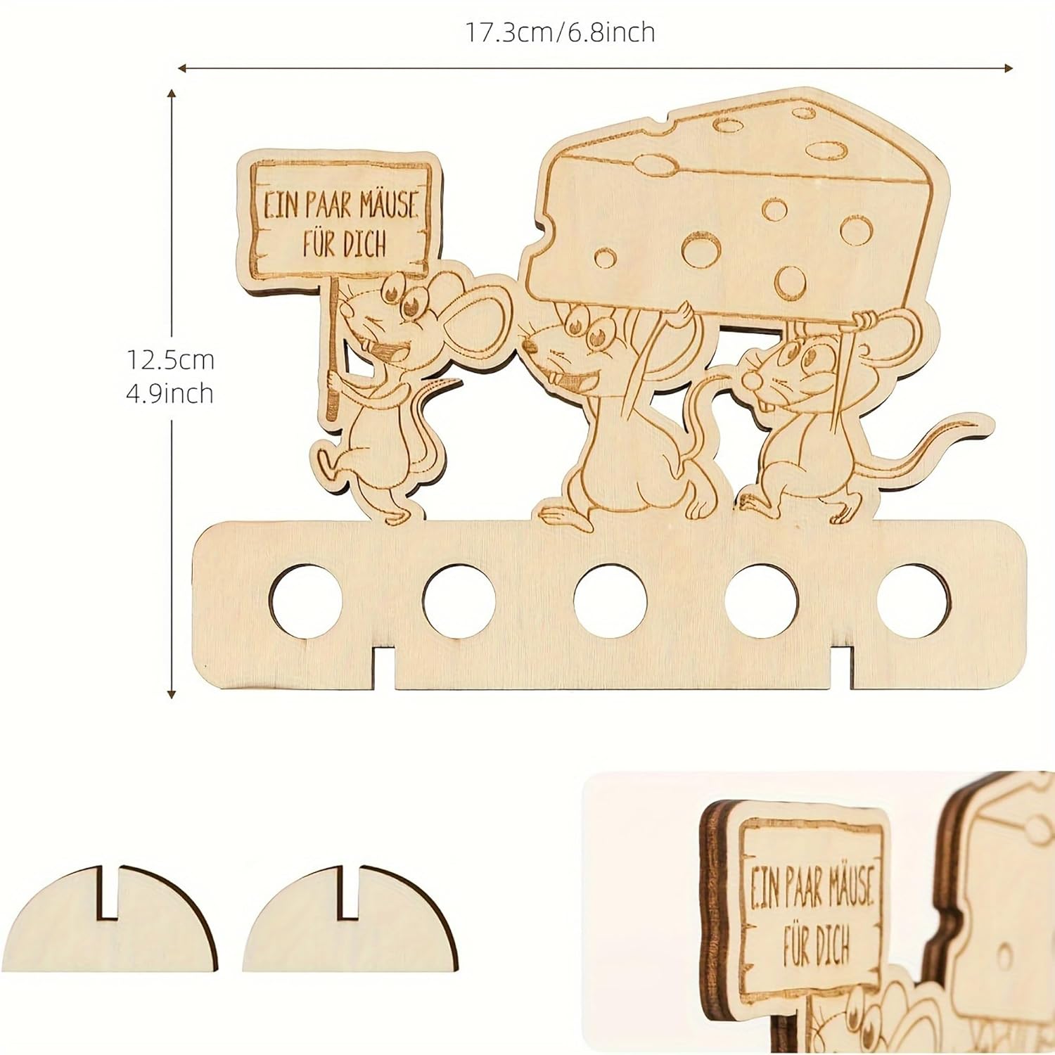 Wooden decorative item with mice and cheese, including measurements.