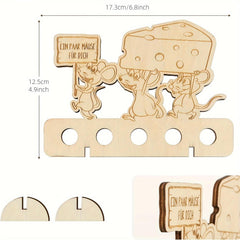 Wooden decorative item with mice and cheese, including measurements.