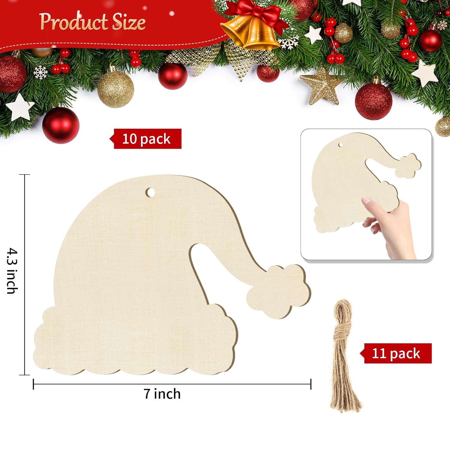 Wooden Santa hat ornament with measurements and tassel, Christmas decorations in the background