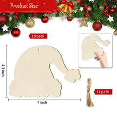 Wooden Santa hat ornament with measurements and tassel, Christmas decorations in the background