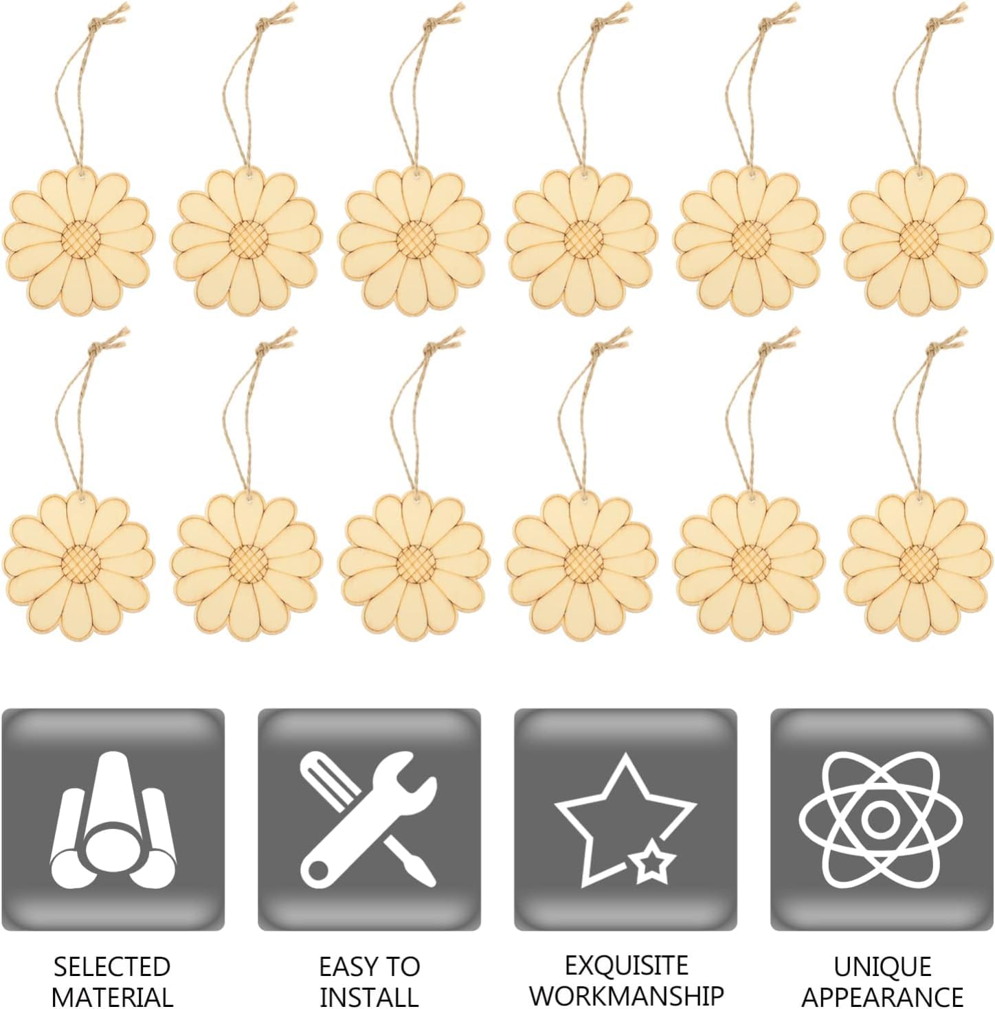 Set of floral decorations with hanging strings on a white background, featuring icons and text about product features.