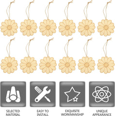 Set of floral decorations with hanging strings on a white background, featuring icons and text about product features.