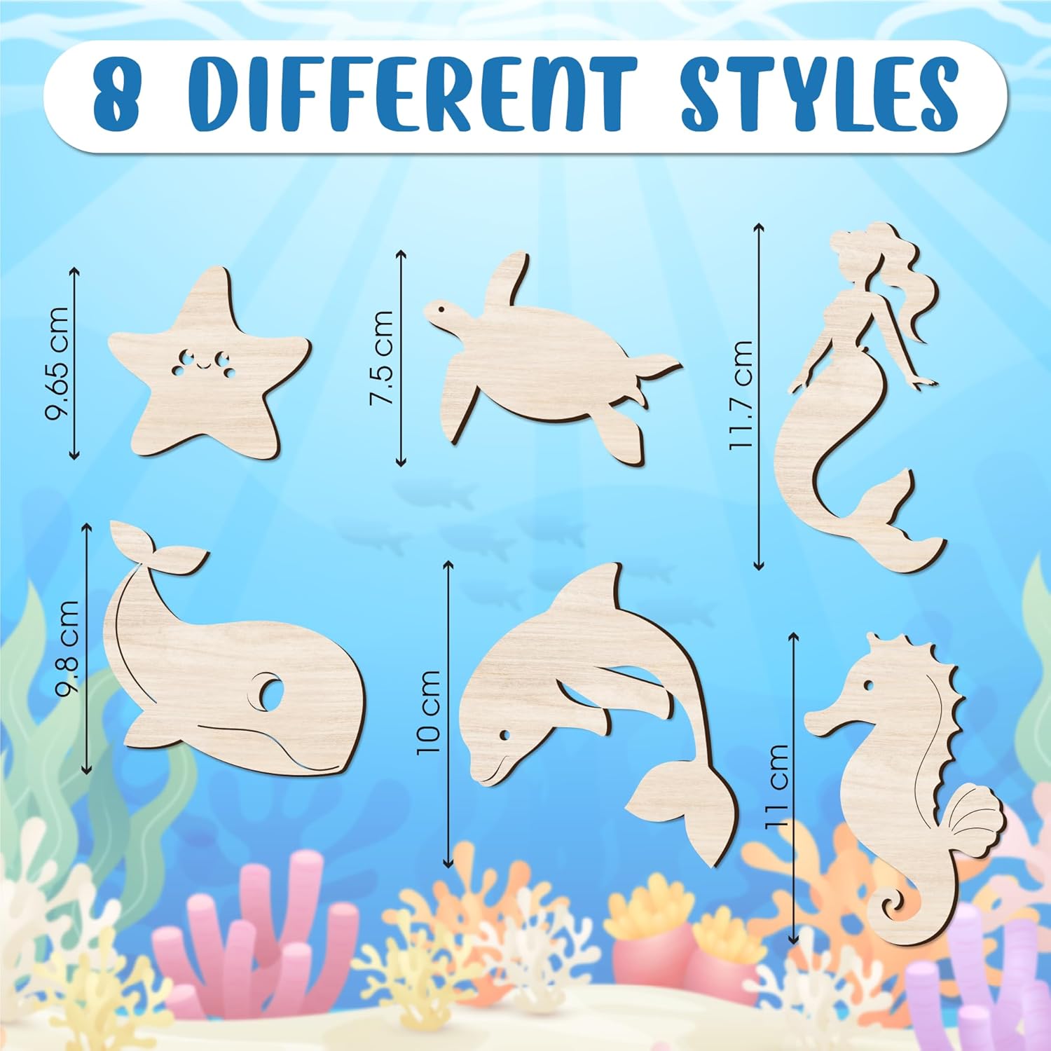 Wooden ocean-themed cutouts with measurements on a blue underwater background