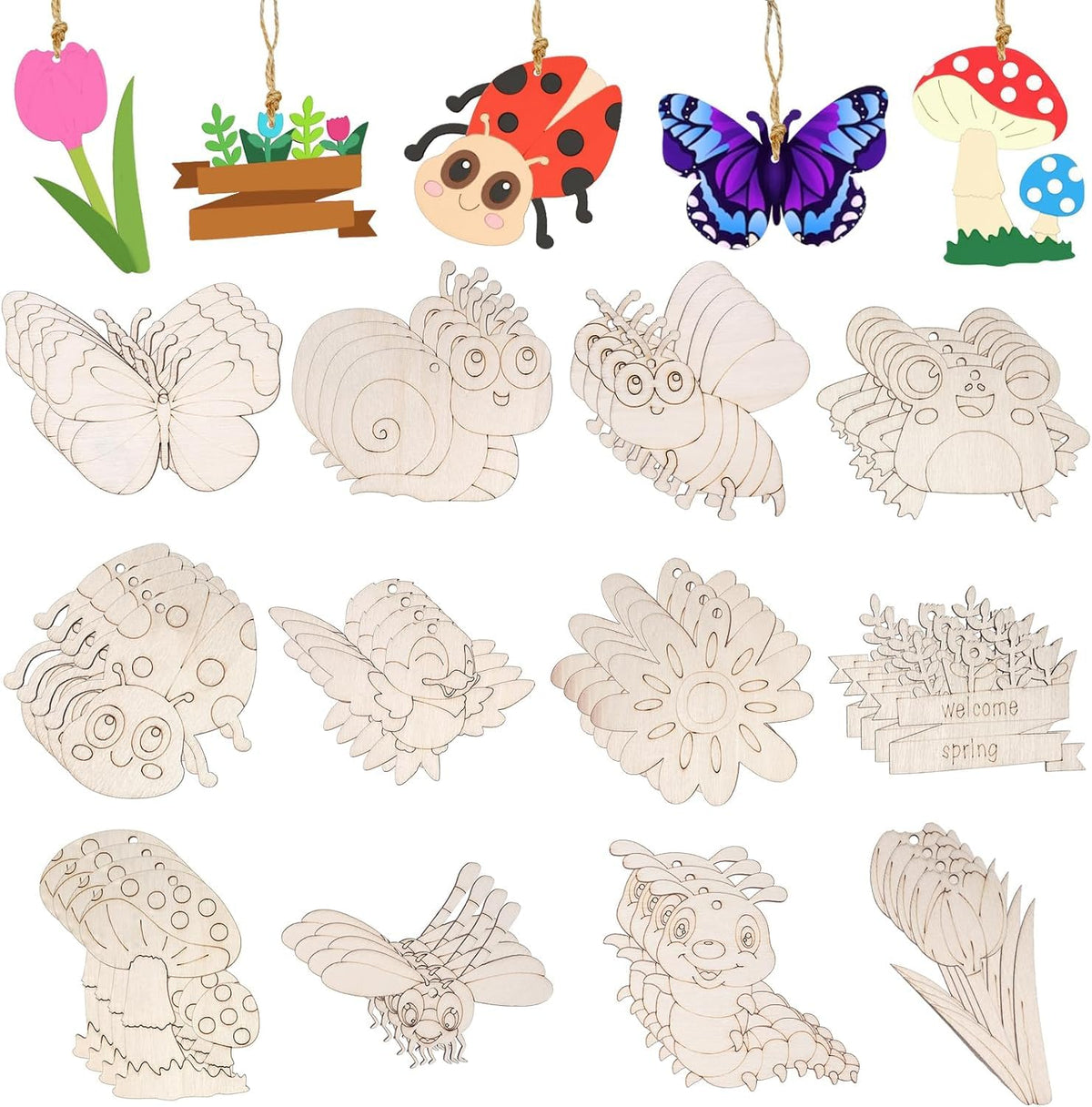 Set of wooden ornaments including butterflies, ladybugs, and flowers on a white background