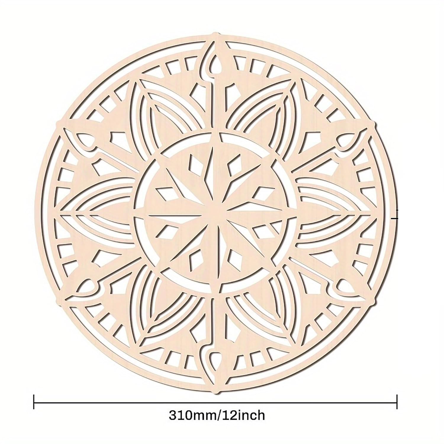 Decorative round wooden cutout with intricate patterns on a white background