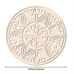 Decorative round wooden cutout with intricate patterns on a white background