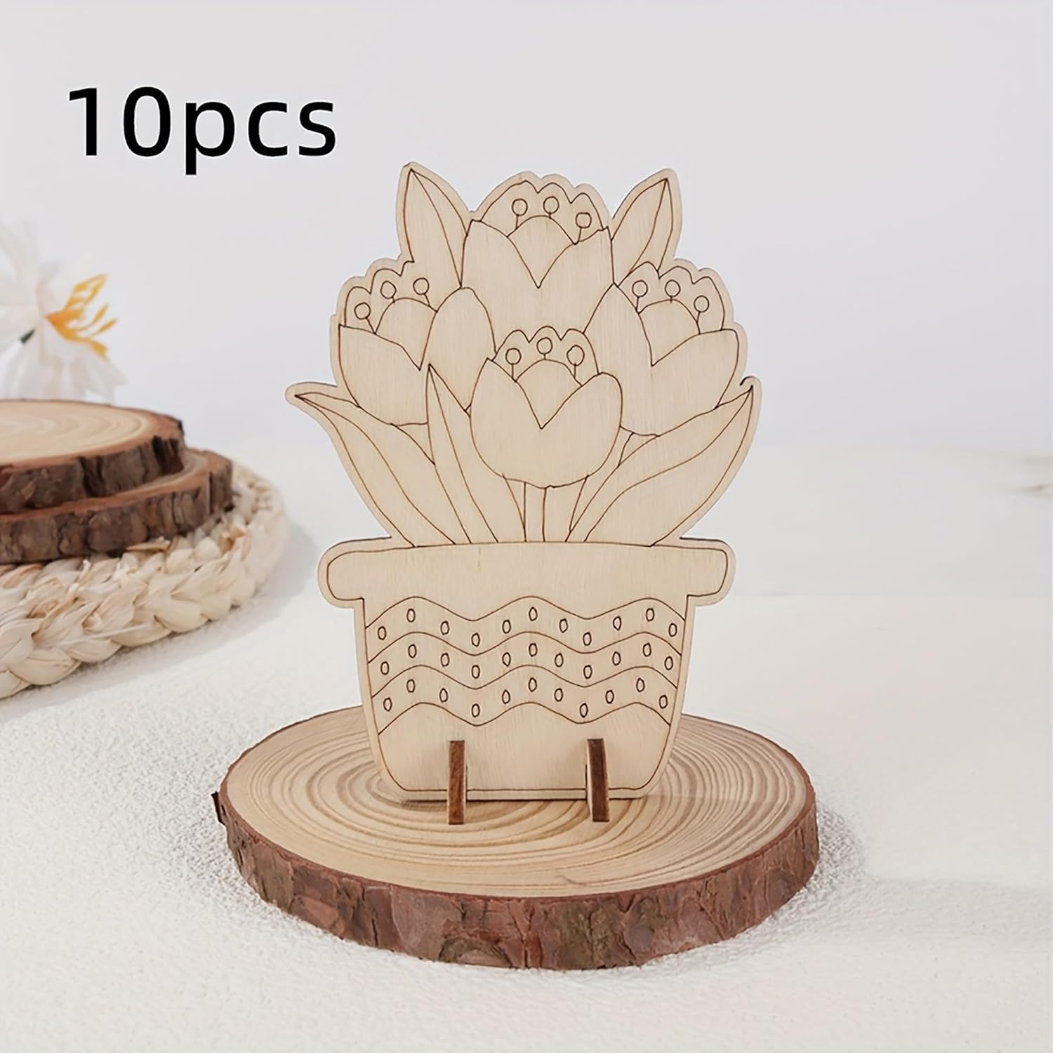 Wooden decorative potted plant on a wooden stand with '10pcs' text above.