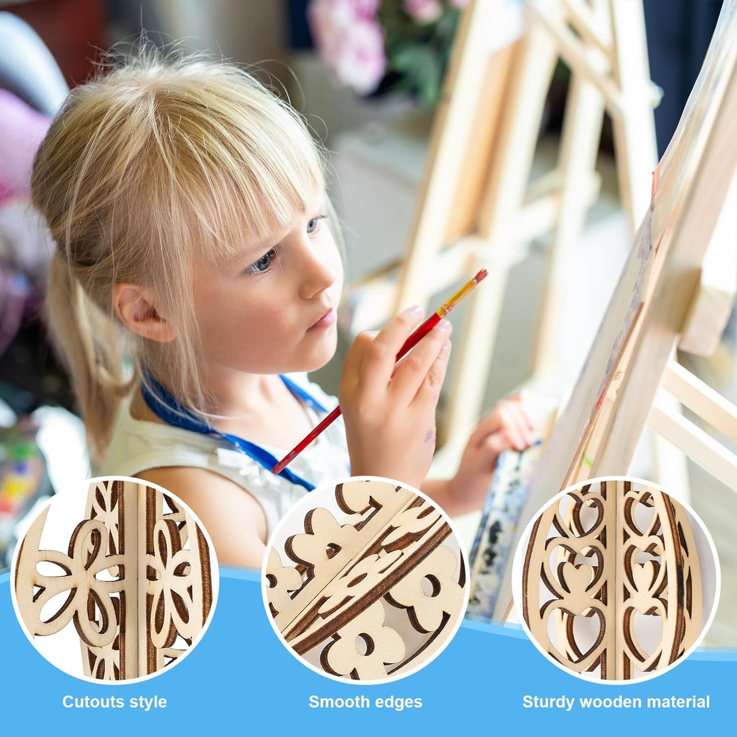 Child painting with a wooden easel and close-up details of wooden cutouts.