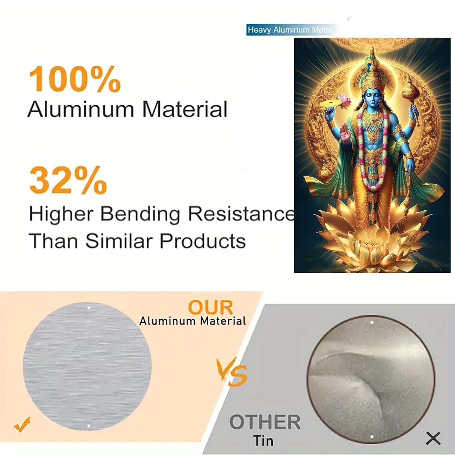 Advertisement showcasing aluminum material with a comparison to tin, featuring a colorful deity figure.