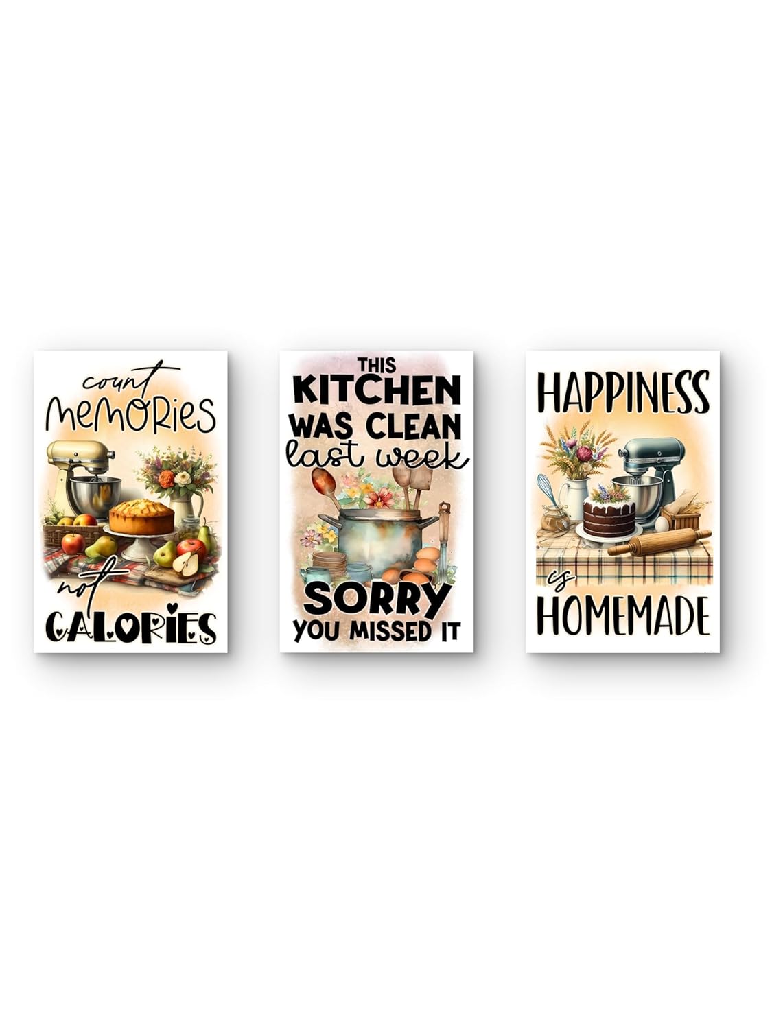 Three kitchen-themed posters with humorous sayings on a white background.