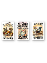Three kitchen-themed posters with humorous sayings on a white background.