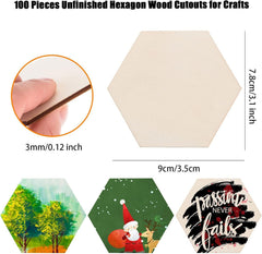 Hexagon wood cutouts for crafts with dimensions and examples of use.