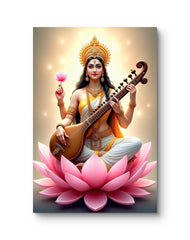 Artistic depiction of a deity holding a stringed instrument on a pink lotus flower