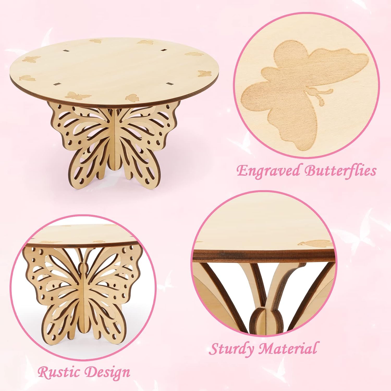 Wooden table with butterfly designs and text on a pink background