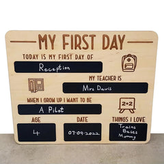 Wooden plaque with chalkboard sections for a child's first day of school, including name, teacher, and interests.