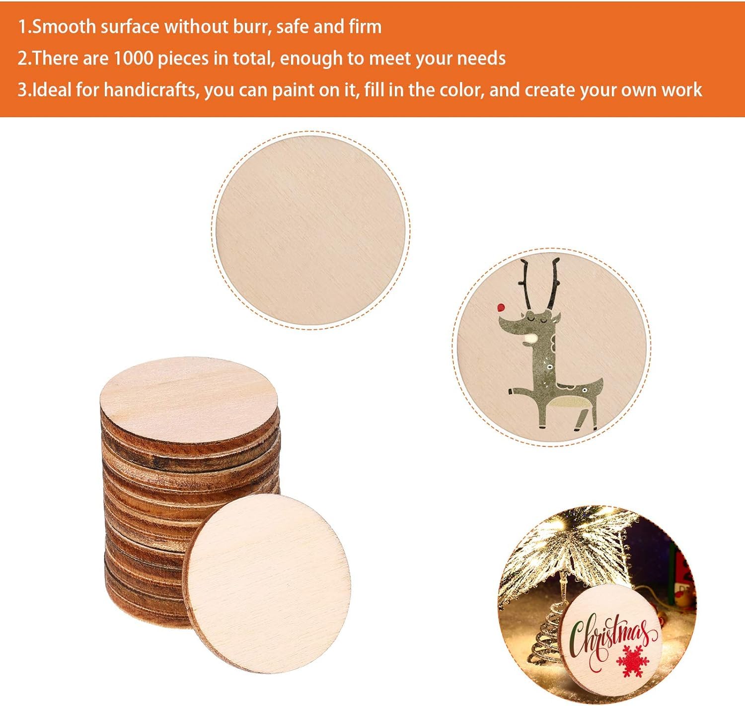 Stack of round wooden pieces with a reindeer design and 'Christmas' text on a white background.