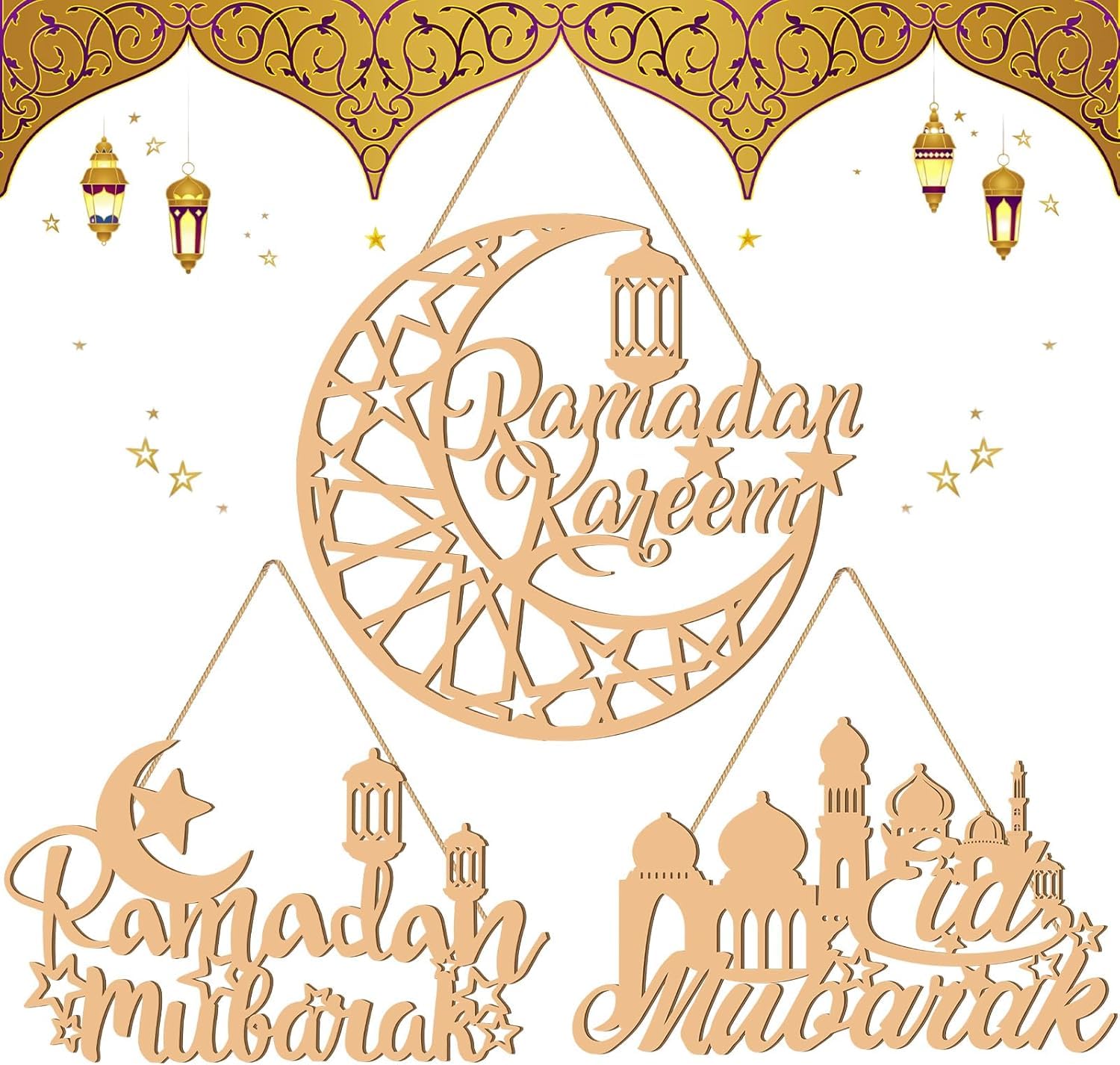 Decorative wooden cutout with 'Ramadan Kareem' and 'Ramadan Mubarak' text on a white background.