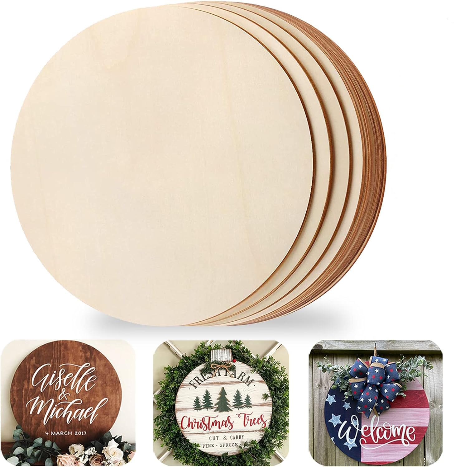 Wooden round signs with customizable designs on a white background