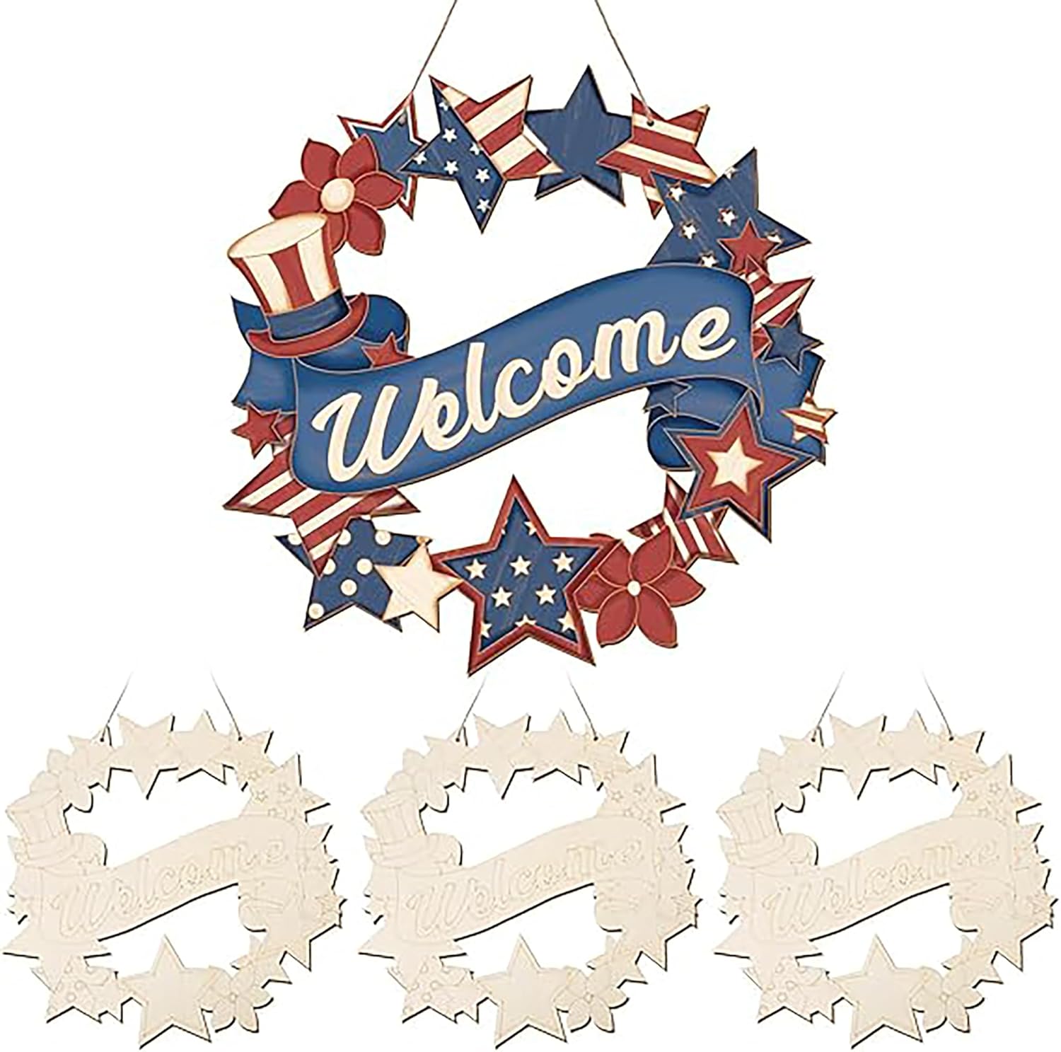 Decorative wreath with 'Welcome' banner and stars on a white background