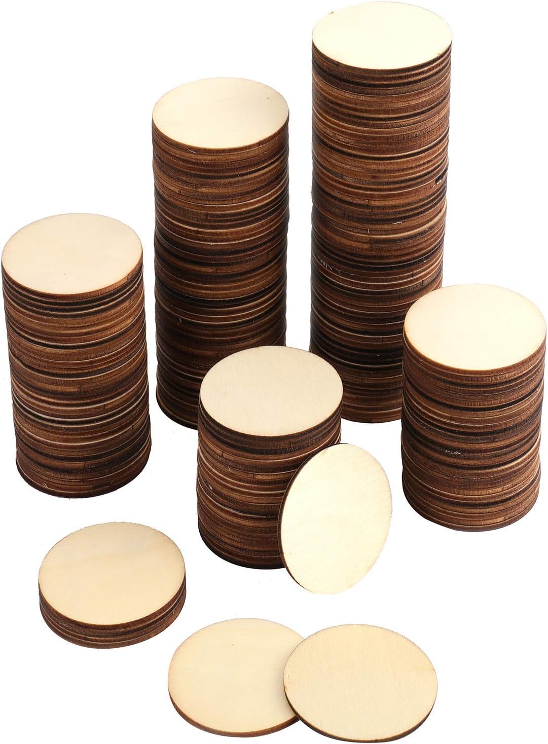 Stacks of wooden circles with a white background