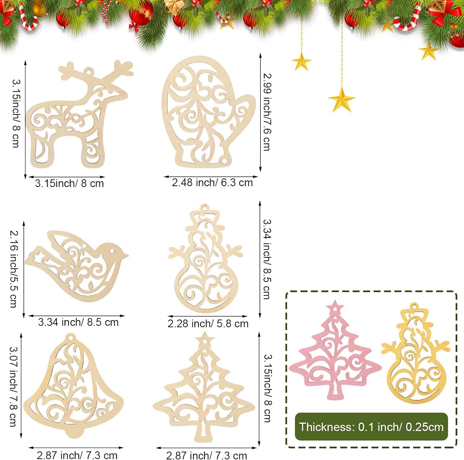 Set of Christmas-themed cutout decorations with dimensions and thickness details, surrounded by festive elements.