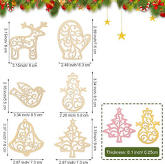 Set of Christmas-themed cutout decorations with dimensions and thickness details, surrounded by festive elements.