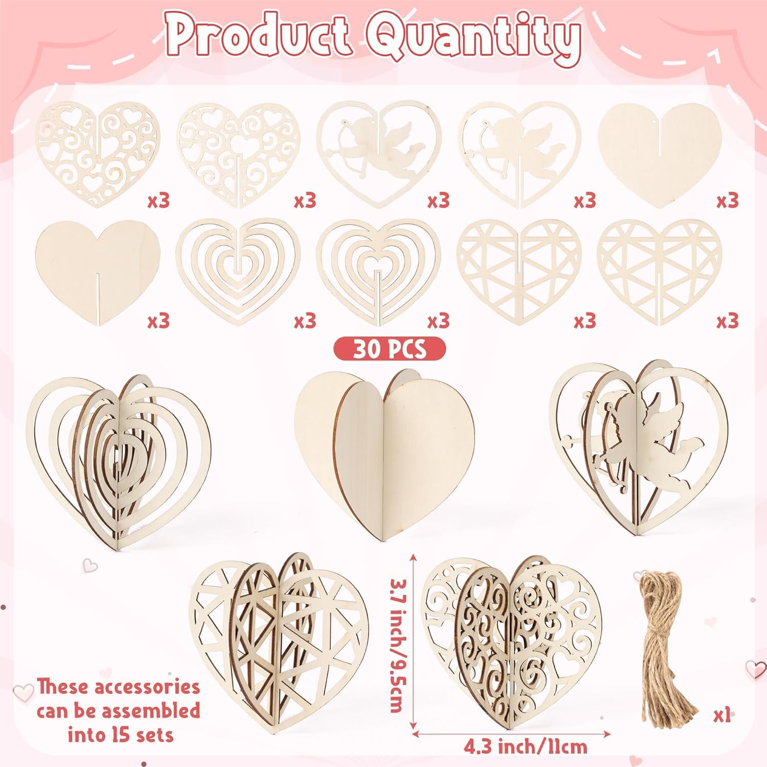 Set of 30 wooden heart-shaped accessories with assembly instructions on a pink background