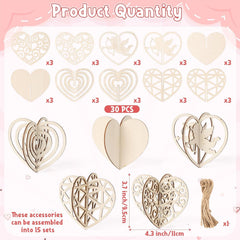 Set of 30 wooden heart-shaped accessories with assembly instructions on a pink background