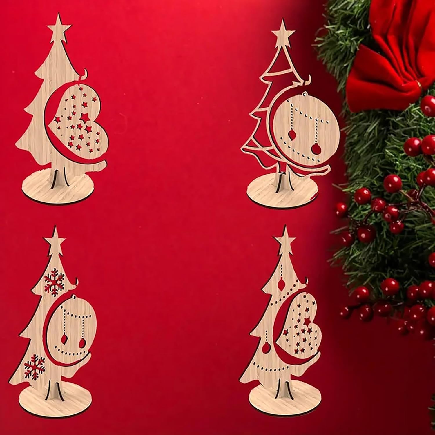 Wooden Christmas tree decorations on a red background with a Christmas wreath.