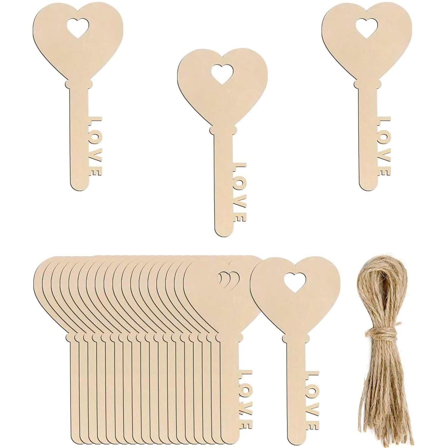 Set of wooden key-shaped tags with 'LOVE' text, a bundle of twine, and a cardboard holder on a white background.